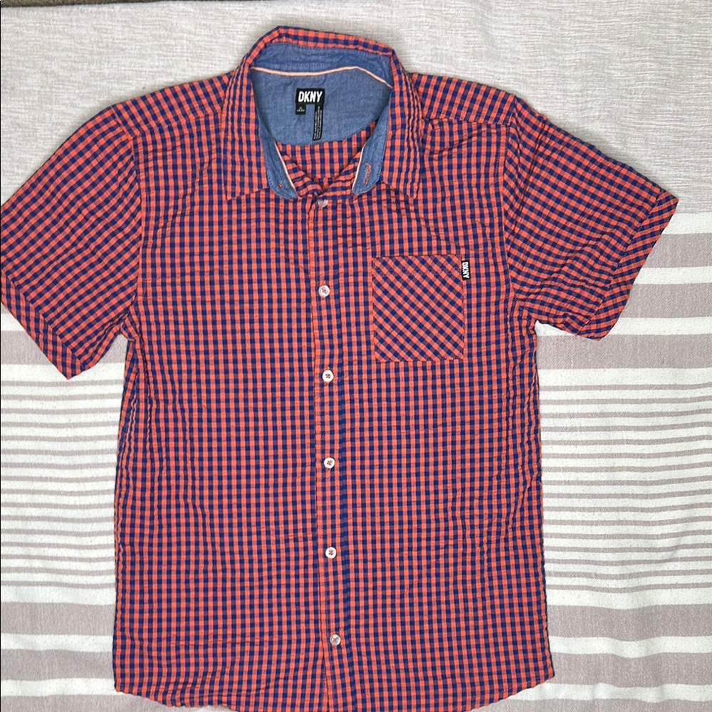 DKNY Red and Blue Button Down Shirt with Gingham Pattern